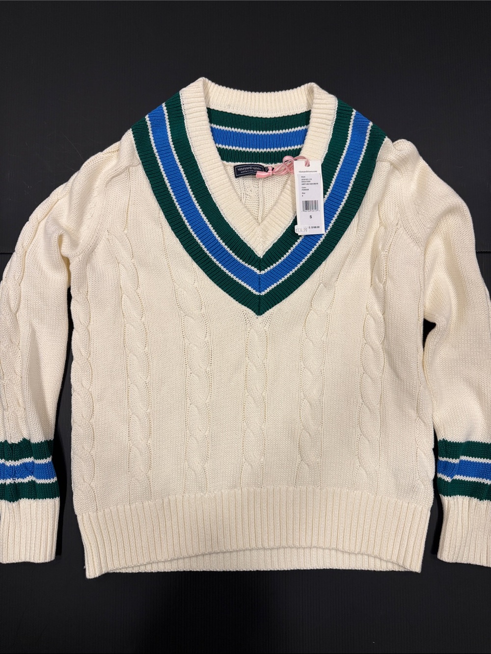 Vineyard Vines Cream Cable-Knit V-Neck Sweater with Green & Blue Trim